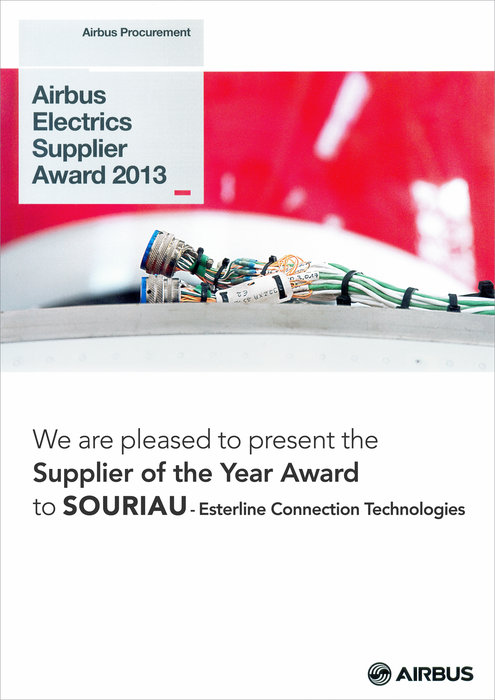 Pour la 6ème année, SOURIAU – Esterline Connection Technologies remporte le prix du meilleur fournisseur de composants et systèmes électriques d’AIRBUS.